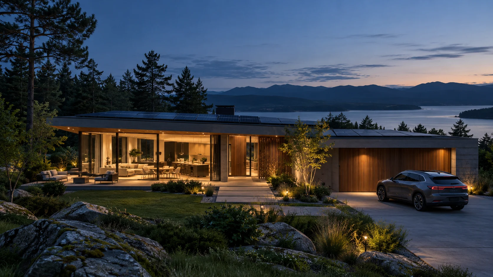 Conceptual solar-powered home and electric vehicle at blue hour